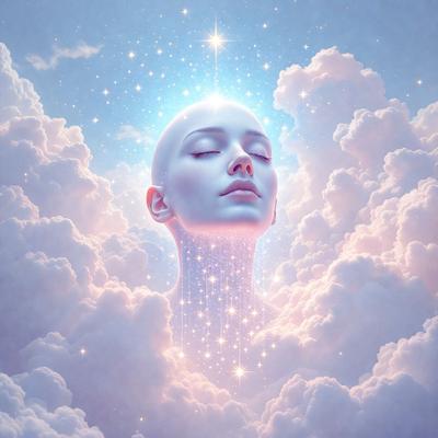 The primary subject of the image is a woman with a bald head, who appears to be floating in a cloudy, celestial environment. The setting is a space filled with clouds, and the visual style is a digital art or illustration. The colors in the image are predominantly pink and purple, creating a serene and dreamy atmosphere.